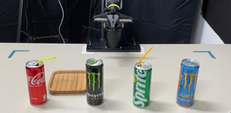Four cans and a wooden tray on the table